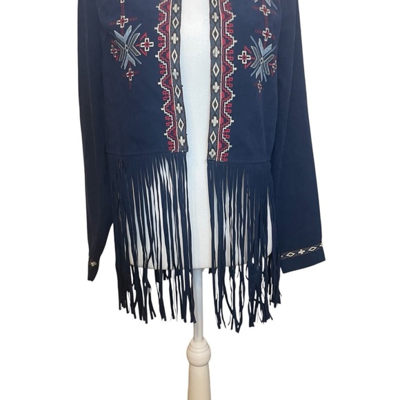 Flying Tomato Blue Faux Suede Southwestern Jacket Fringe Embroidered Small Aztec - Picture 5 of 16